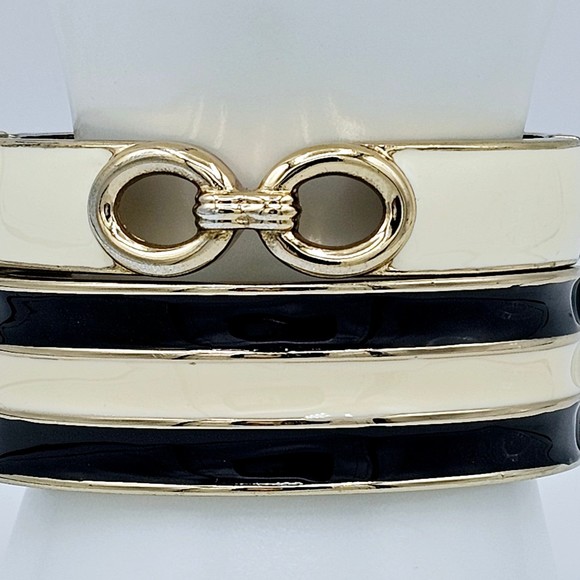 Bangle Bracelet Vintage Black Cream Enamel Set of Two Striped Open Link Clamper - Picture 3 of 9